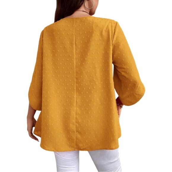 Women’s Plus Size Mustard Yellow Swiss Dot Flare Short Sleeve Blouse Top - Picture 7 of 14